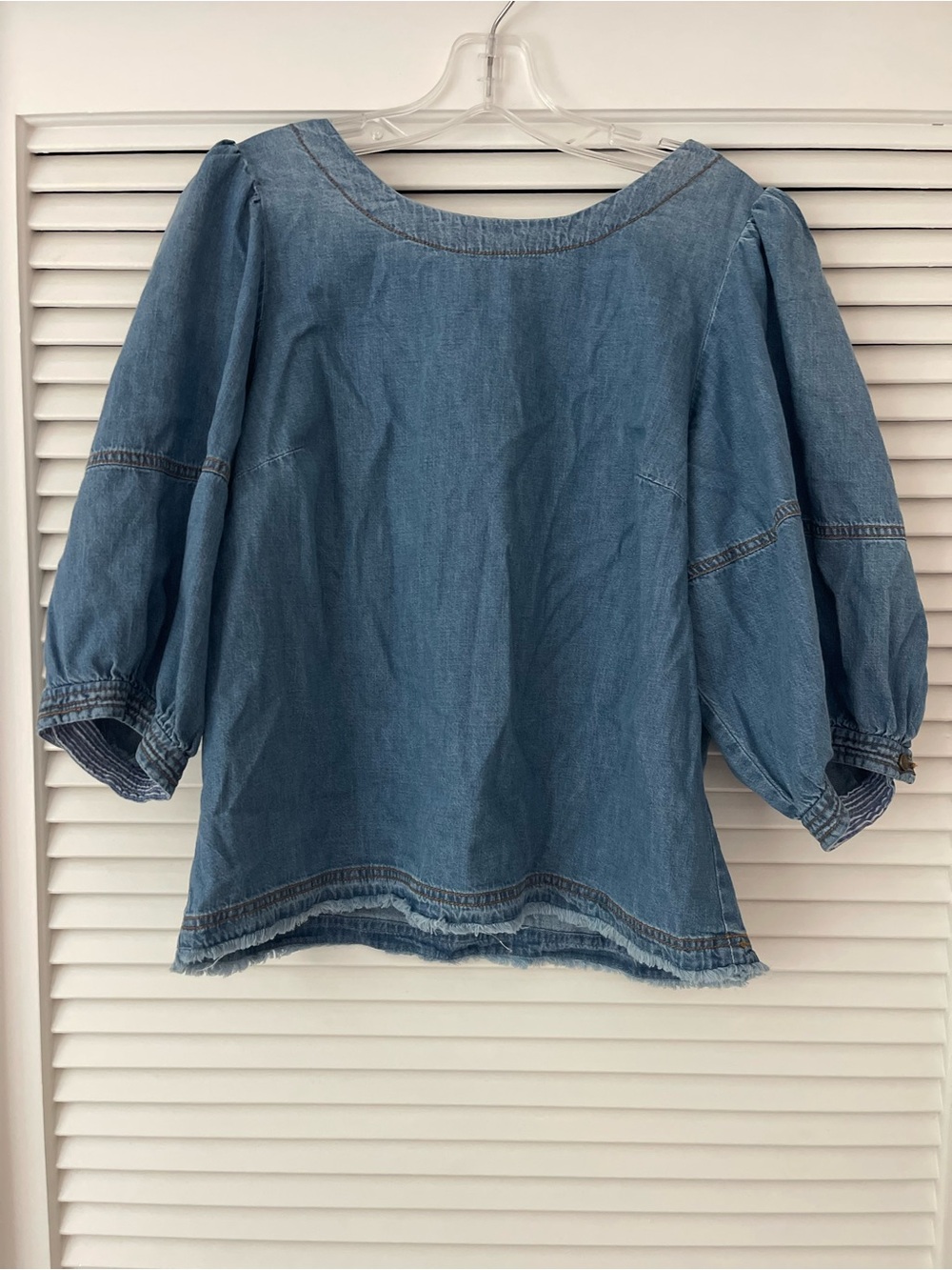 Anthropologie Light Blue Denim V-Neck Puff Sleeve Blouse - Picture 2 of 5
